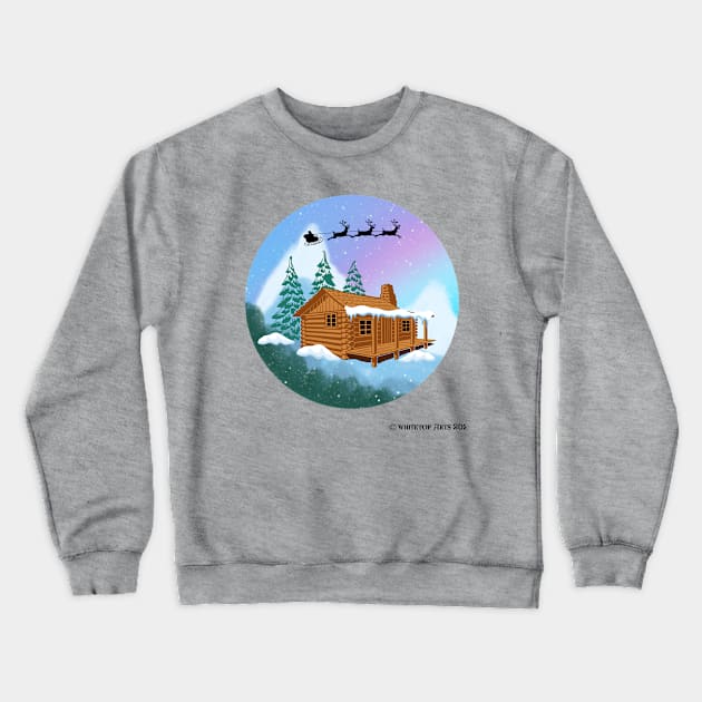 Santa and Reindeer Flying Over A Cabin in the Woods Crewneck Sweatshirt by Whitetop Arts